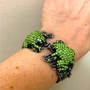 Glitzy Green Crystal Fashion Frog Hinged Cuff Bracelet